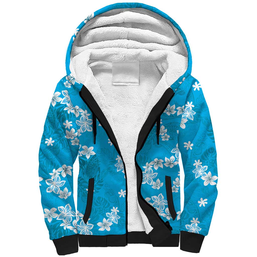 Hawaii Monstera Deliciosa Sherpa Hoodie Blue Plumeria Polynesian Pattern LT05 Unisex Blue - Polynesian Pride