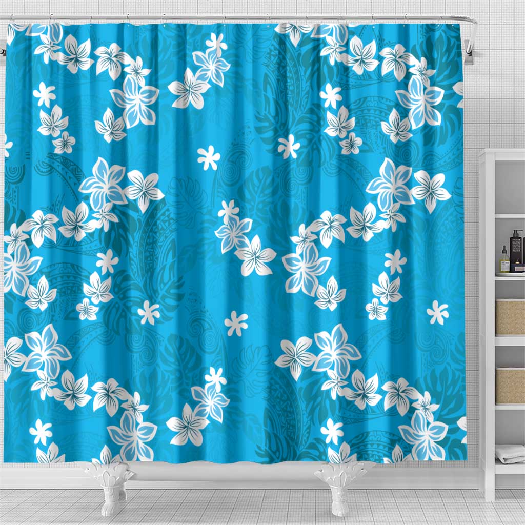 Hawaii Monstera Deliciosa Shower Curtain Blue Plumeria Polynesian Pattern - Polynesian Pride