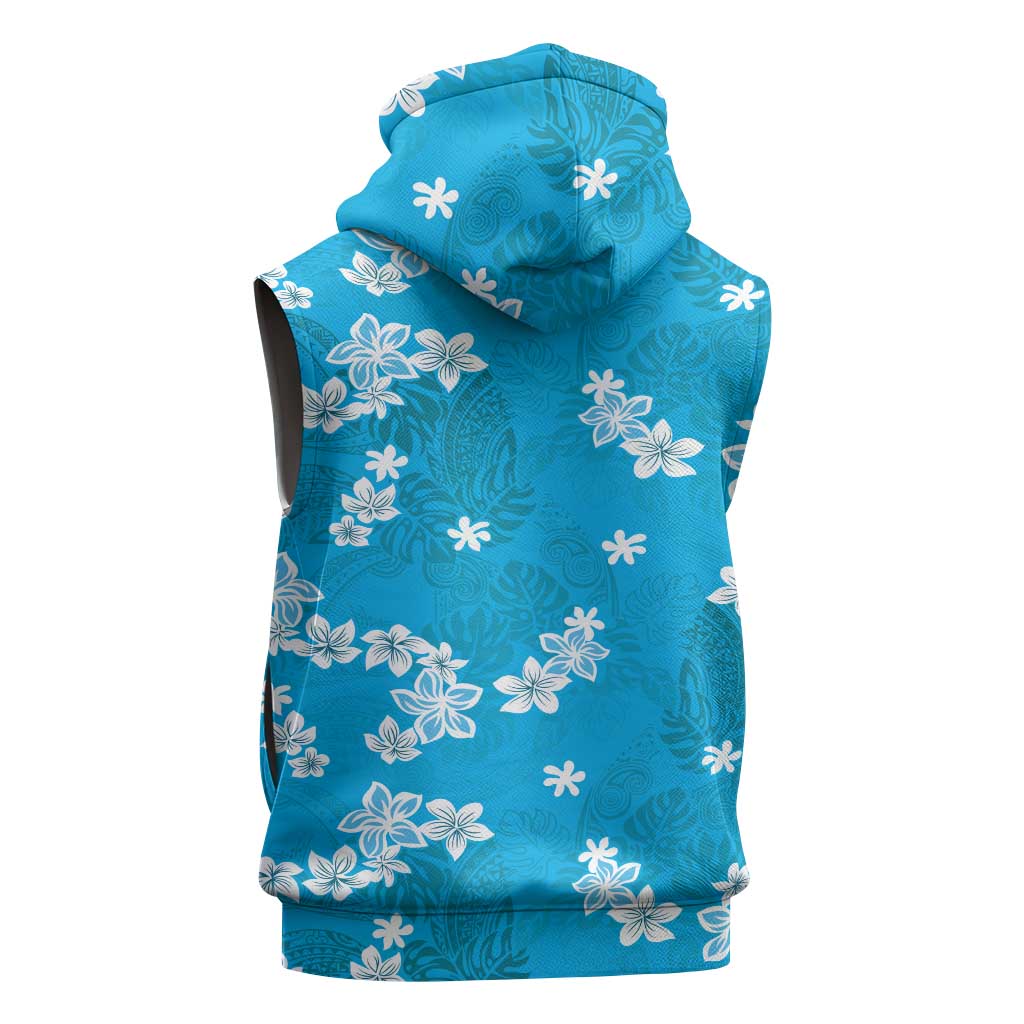 Hawaii Monstera Deliciosa Sleeveless Hoodie Blue Plumeria Polynesian Pattern - Polynesian Pride