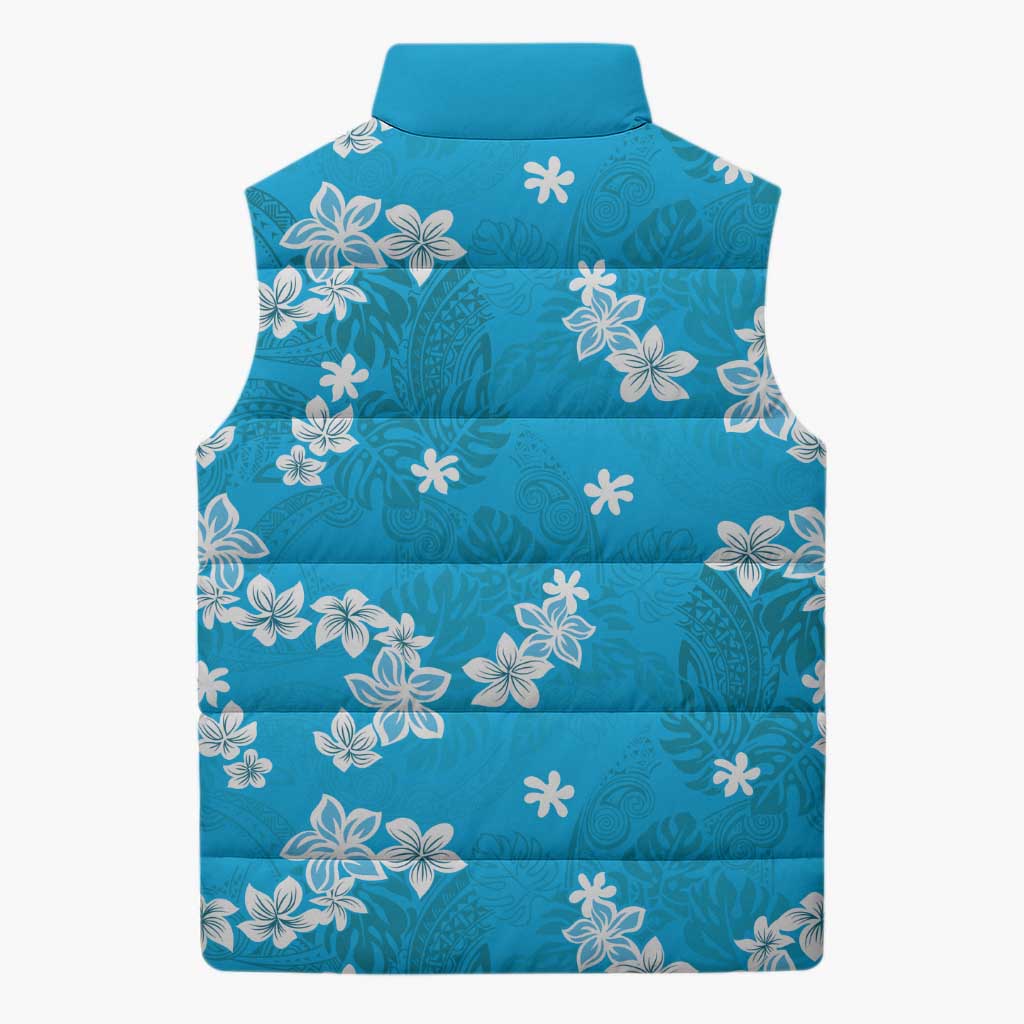 Hawaii Monstera Deliciosa Sleeveless Puffer Jacket Blue Plumeria Polynesian Pattern - Polynesian Pride
