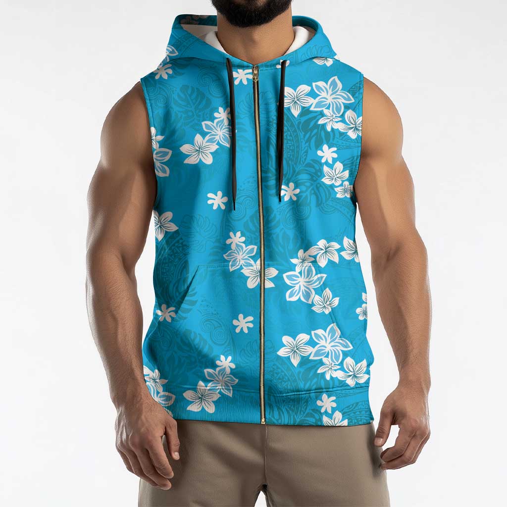 Hawaii Monstera Deliciosa Sleeveless Zip Hoodie Blue Plumeria Polynesian Pattern - Polynesian Pride