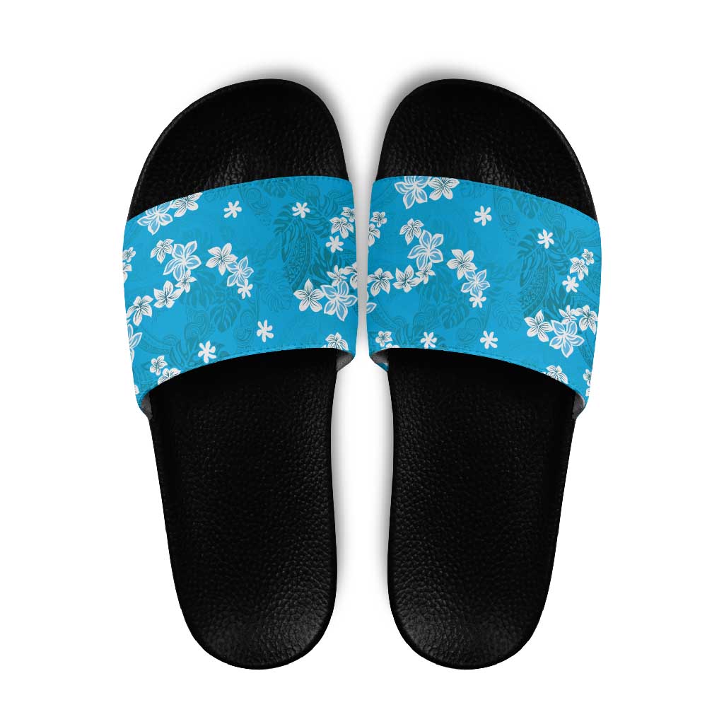 Hawaii Monstera Deliciosa Slide Sandals Blue Plumeria Polynesian Pattern LT05 Blue - Polynesian Pride