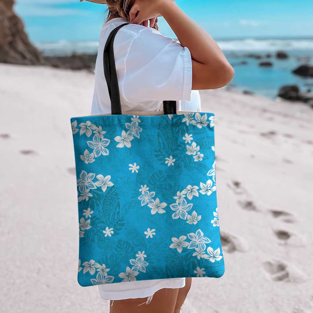 Hawaii Monstera Deliciosa Tote Bag Blue Plumeria Polynesian Pattern - Polynesian Pride