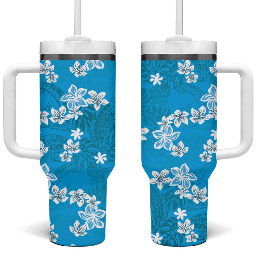 Hawaii Monstera Deliciosa Tumbler With Handle Blue Plumeria Polynesian Pattern - Polynesian Pride