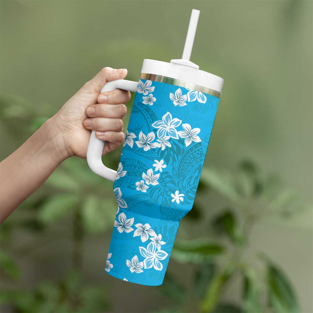 Hawaii Monstera Deliciosa Tumbler With Handle Blue Plumeria Polynesian Pattern - Polynesian Pride