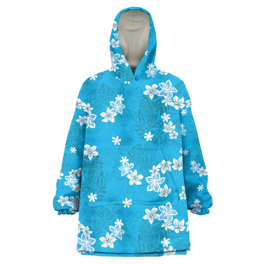 Hawaii Monstera Deliciosa Wearable Blanket Hoodie Blue Plumeria Polynesian Pattern LT05 One Size Blue - Polynesian Pride