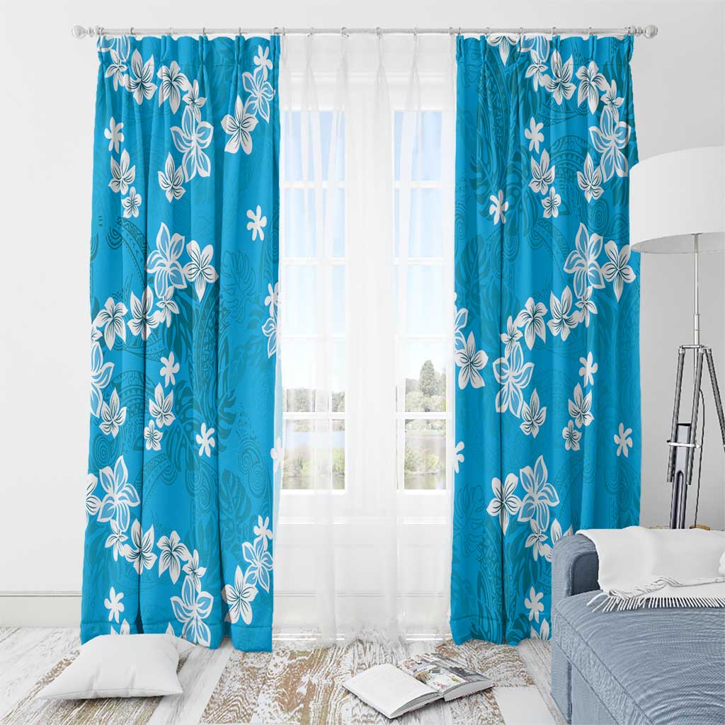 Hawaii Monstera Deliciosa Window Curtain Blue Plumeria Polynesian Pattern - Polynesian Pride