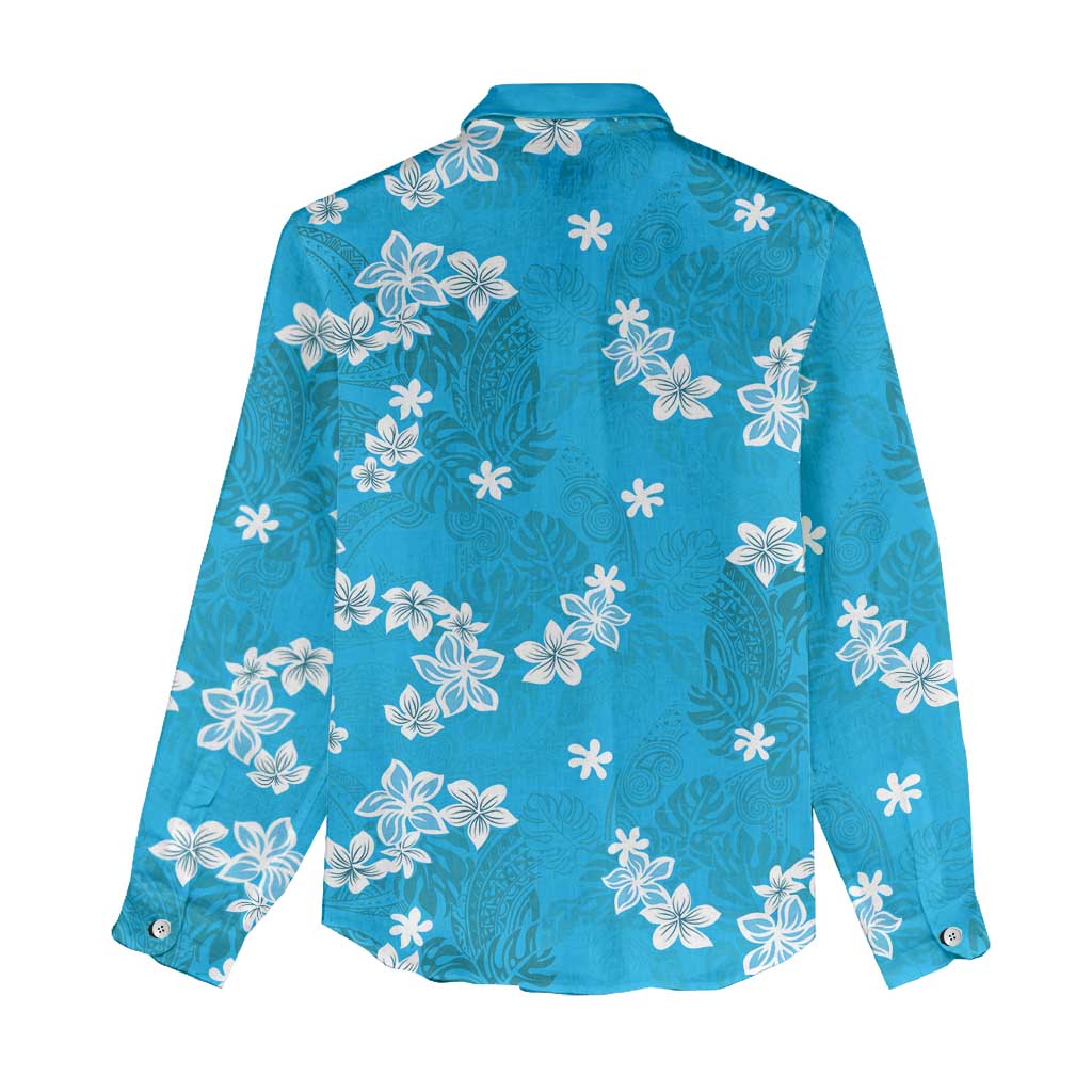 Hawaii Monstera Deliciosa Women Casual Shirt Blue Plumeria Polynesian Pattern - Polynesian Pride