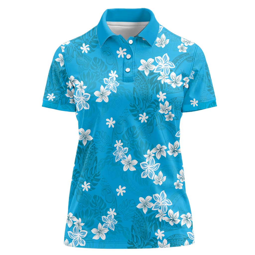 Hawaii Monstera Deliciosa Women Polo Shirt Blue Plumeria Polynesian Pattern - Polynesian Pride