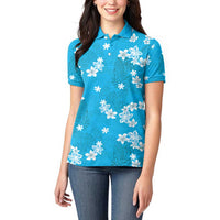 Hawaii Monstera Deliciosa Women Polo Shirt Blue Plumeria Polynesian Pattern - Polynesian Pride
