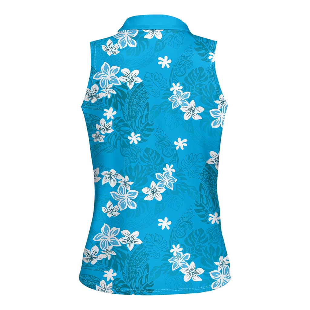 Hawaii Monstera Deliciosa Women Sleeveless Polo Shirt Blue Plumeria Polynesian Pattern - Polynesian Pride
