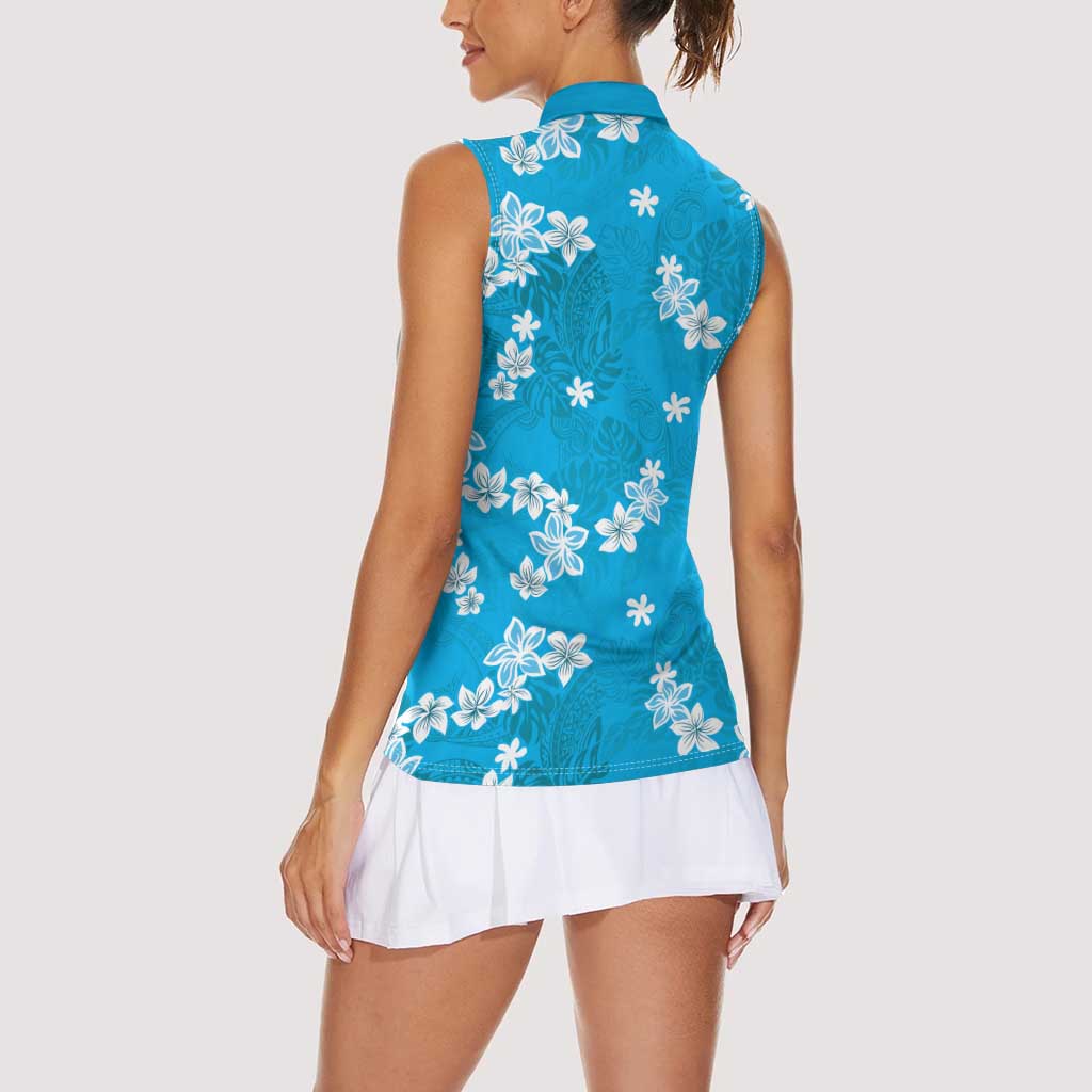 Hawaii Monstera Deliciosa Women Sleeveless Polo Shirt Blue Plumeria Polynesian Pattern - Polynesian Pride