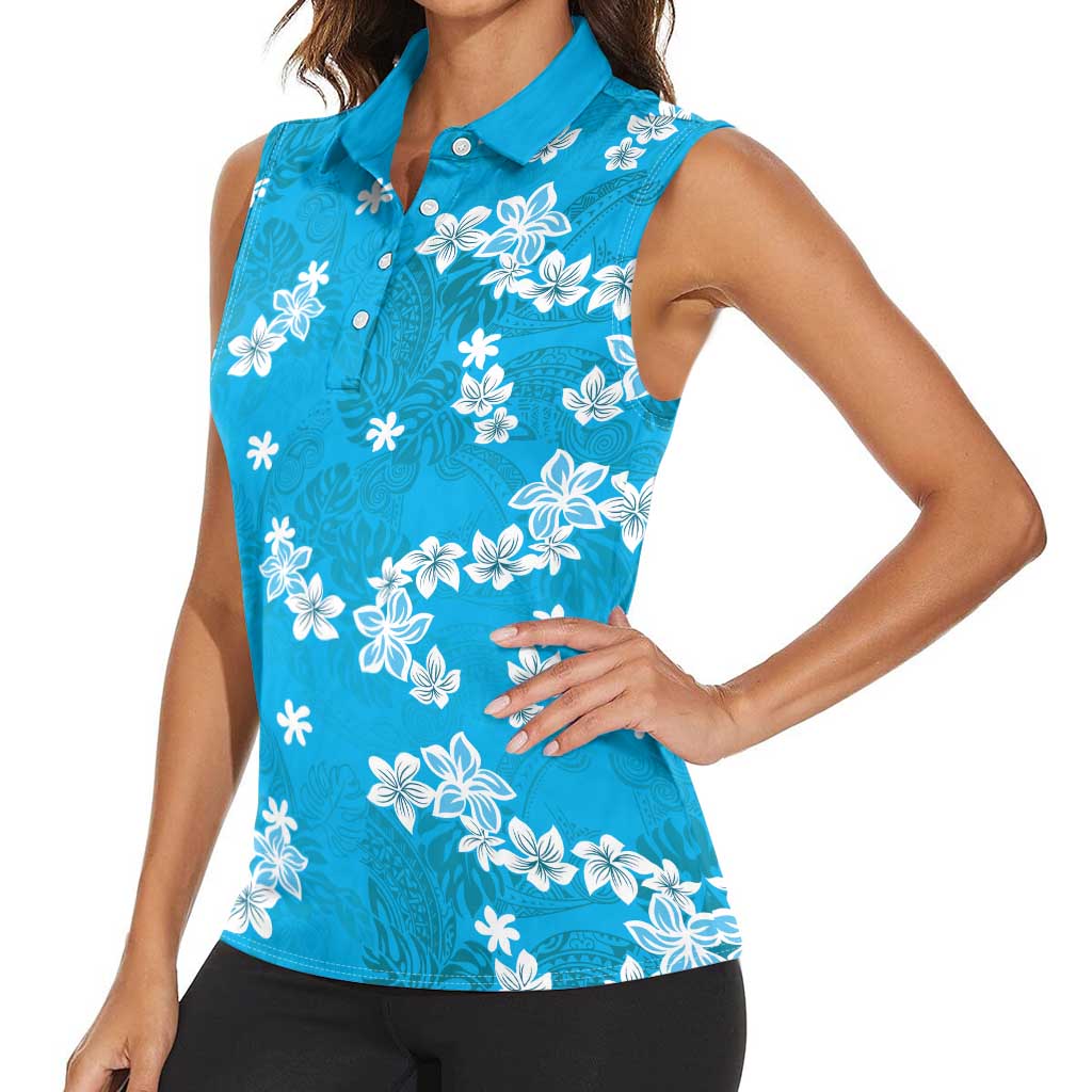 Hawaii Monstera Deliciosa Women Sleeveless Polo Shirt Blue Plumeria Polynesian Pattern - Polynesian Pride