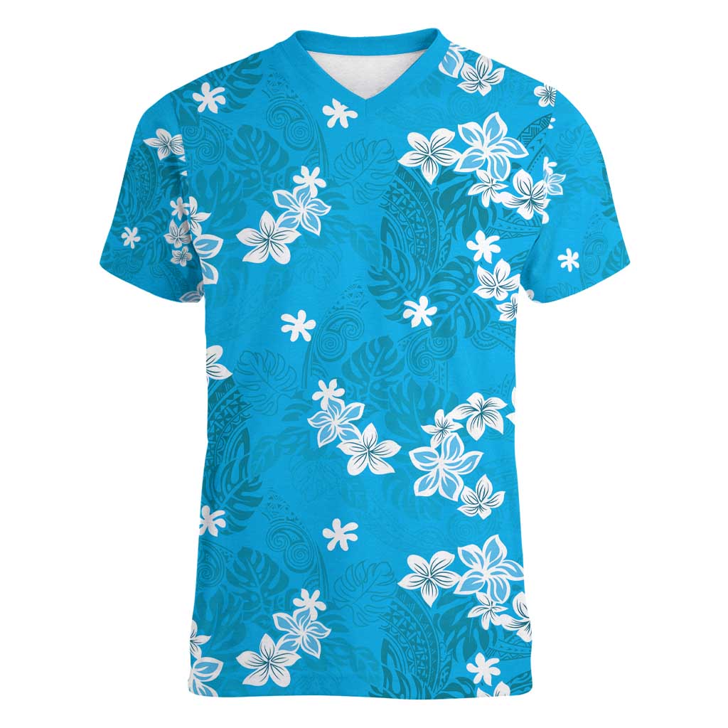 Hawaii Monstera Deliciosa Women V-Neck T-Shirt Blue Plumeria Polynesian Pattern LT05 Female Blue - Polynesian Pride