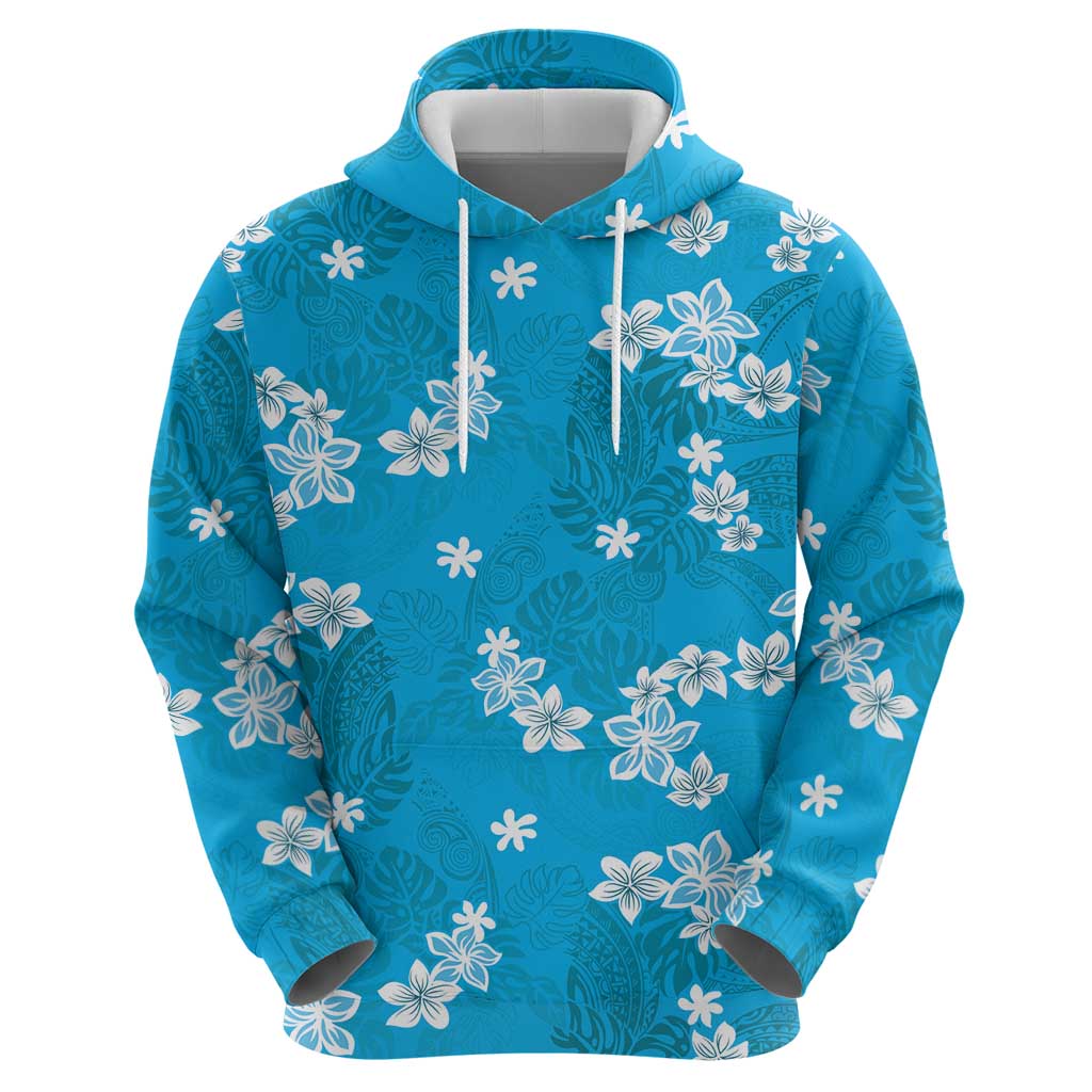 Hawaii Monstera Deliciosa Zip Hoodie Blue Plumeria Polynesian Pattern - Polynesian Pride