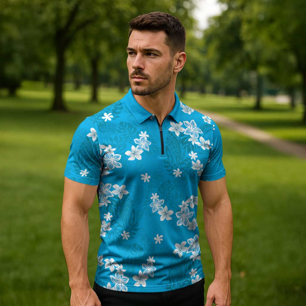 Hawaii Monstera Deliciosa Zipper Polo Shirt Blue Plumeria Polynesian Pattern - Polynesian Pride