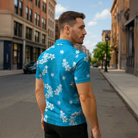 Hawaii Monstera Deliciosa Zipper Polo Shirt Blue Plumeria Polynesian Pattern - Polynesian Pride