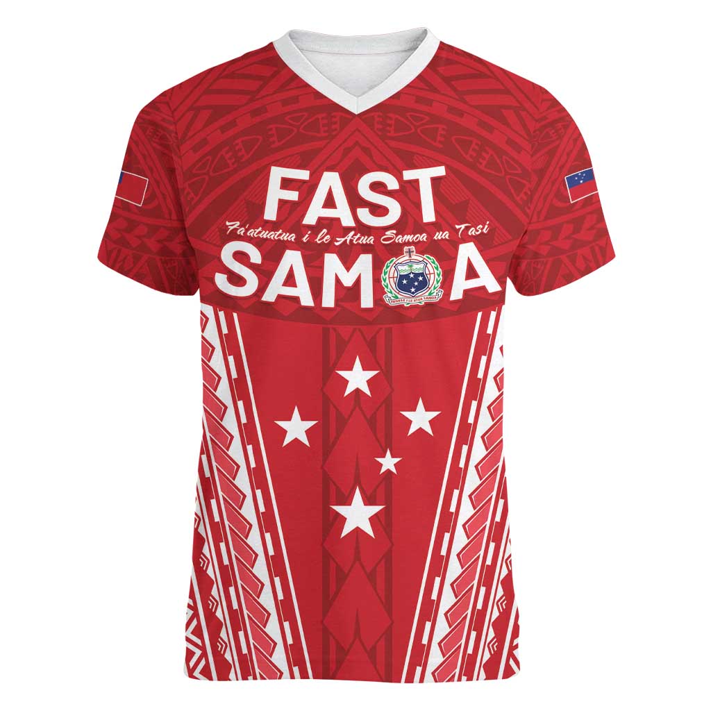 Samoa FAST Women V-Neck T-Shirt Forever Proud Samoan Tribal Pattern LT05 Female Red - Polynesian Pride