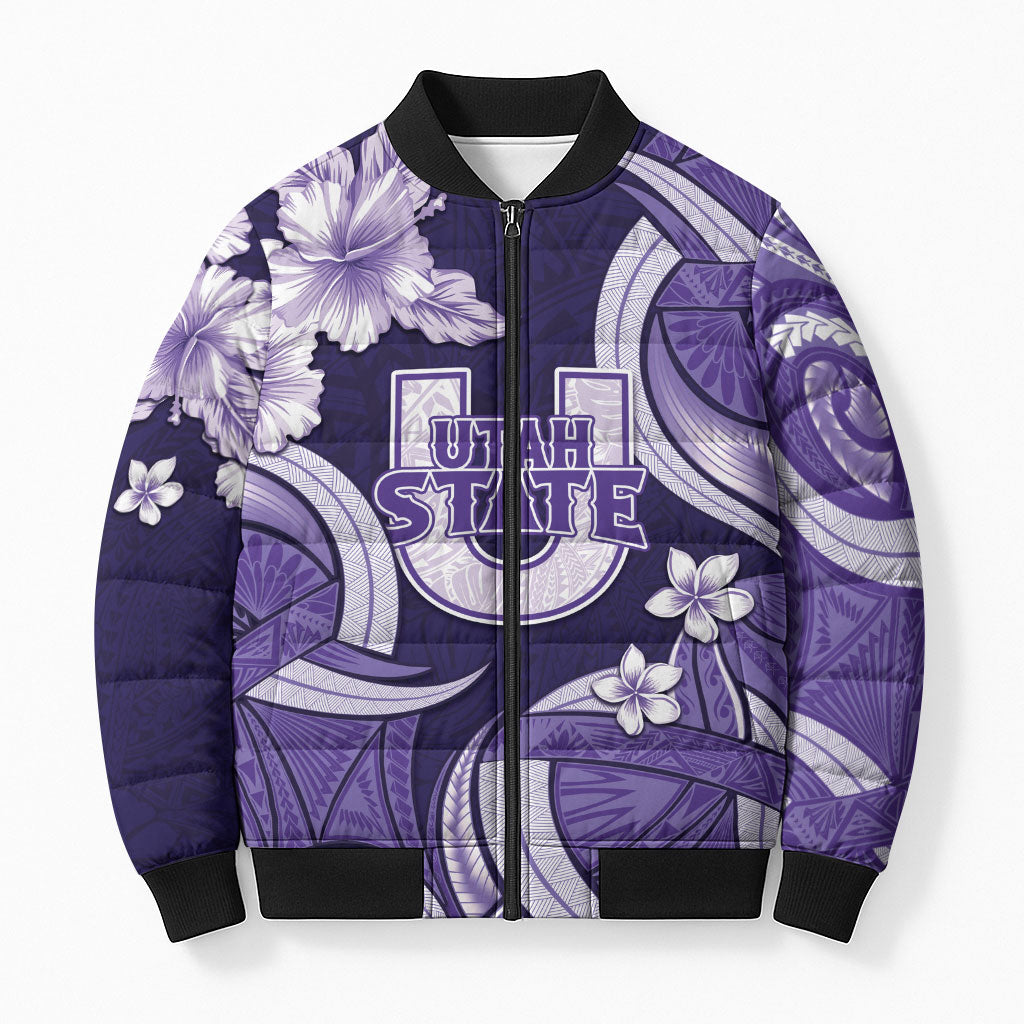 Utah State Polynesian Heritage Bomber Puffer Jacket Floral Tribal Pattern Tropical Flowers