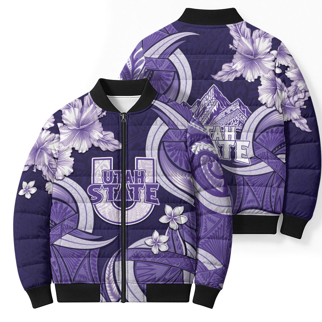 Utah State Polynesian Heritage Bomber Puffer Jacket Floral Tribal Pattern Tropical Flowers