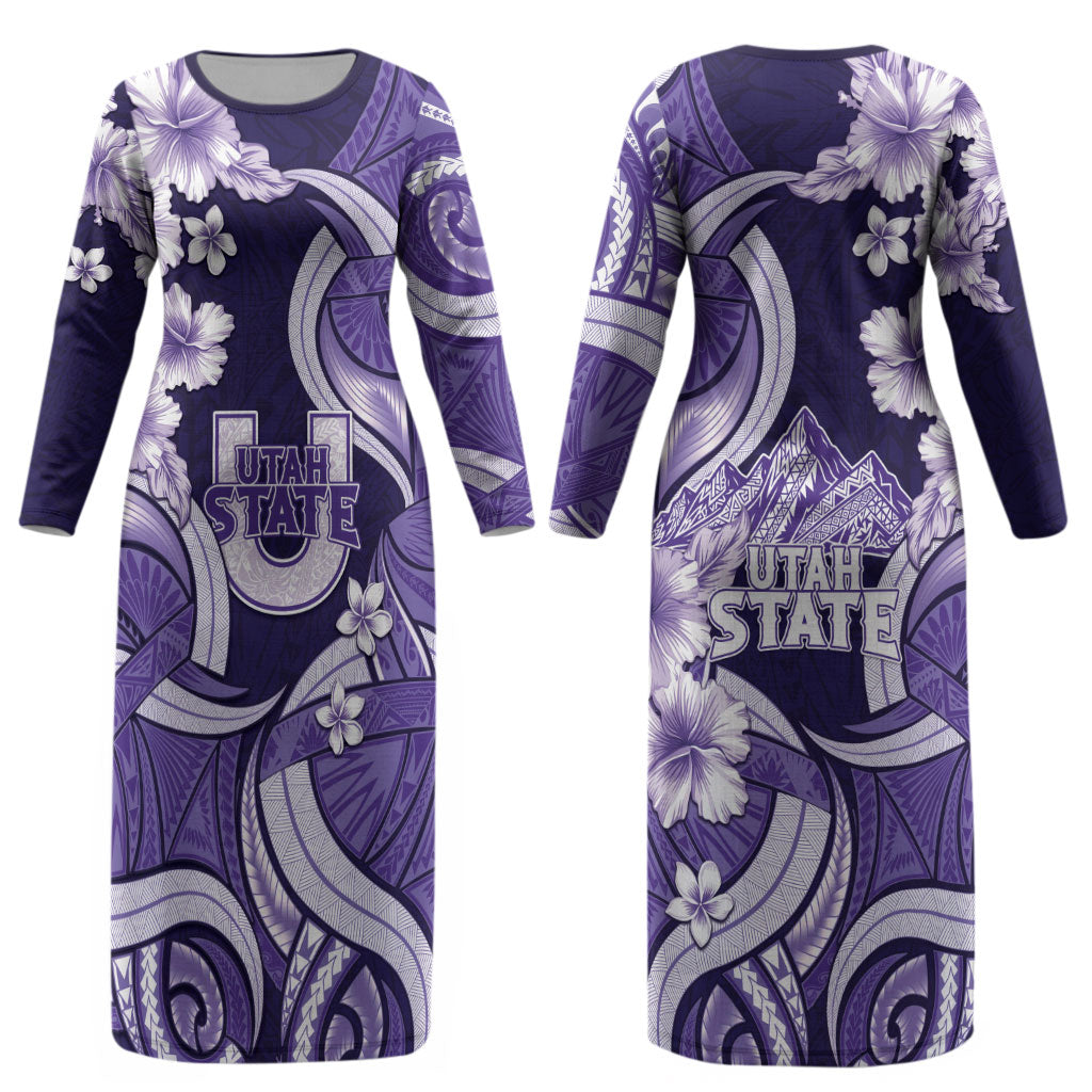 Utah State Polynesian Heritage Couples Matching Long Sleeve Bodycon Dress and Hawaiian Shirt Floral Tribal Pattern Tropical Flowers