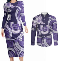 Utah State Polynesian Heritage Couples Matching Long Sleeve Bodycon Dress and Long Sleeve Button Shirt Floral Tribal Pattern Tropical Flowers