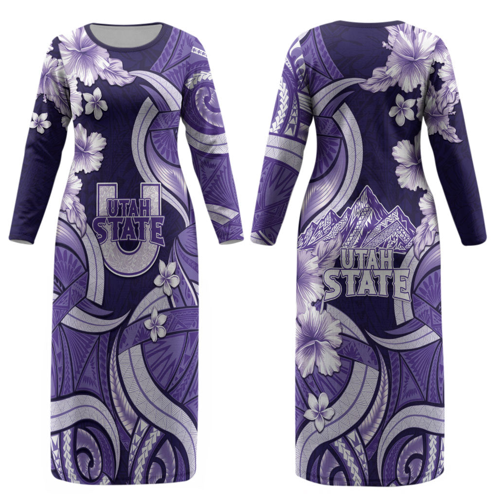 Utah State Polynesian Heritage Couples Matching Long Sleeve Bodycon Dress and Long Sleeve Button Shirt Floral Tribal Pattern Tropical Flowers
