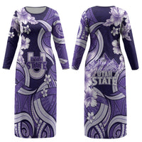 Utah State Polynesian Heritage Couples Matching Long Sleeve Bodycon Dress and Long Sleeve Button Shirt Floral Tribal Pattern Tropical Flowers