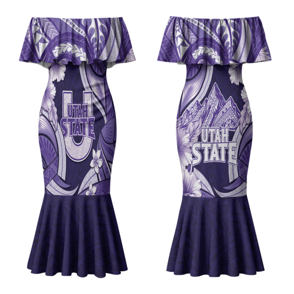 Utah State Polynesian Heritage Couples Matching Mermaid Dress and Long Sleeve Button Shirt Floral Tribal Pattern Tropical Flowers