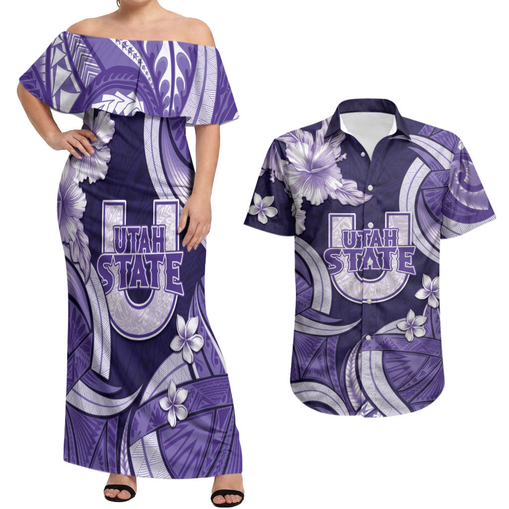 Utah State Polynesian Heritage Couples Matching Off Shoulder Maxi Dress and Hawaiian Shirt Floral Tribal Pattern Tropical Flowers