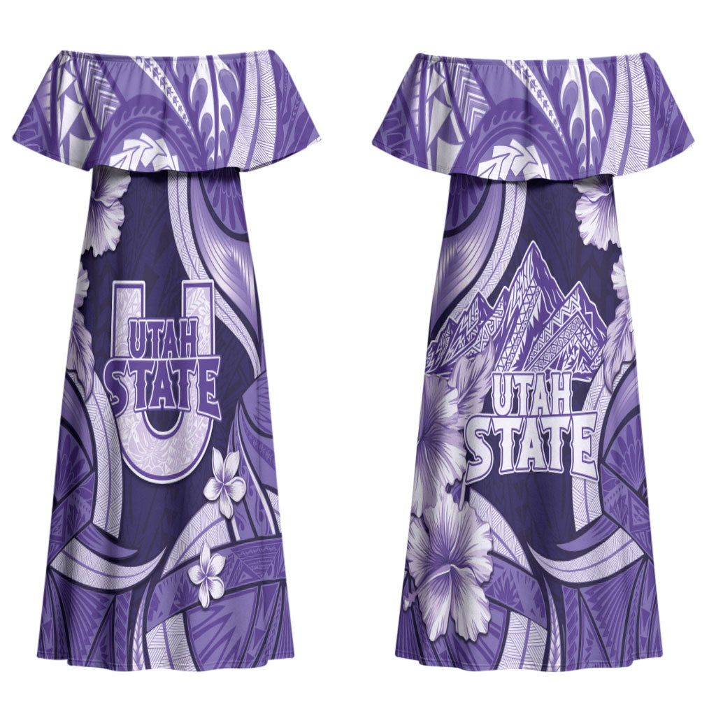 Utah State Polynesian Heritage Couples Matching Off Shoulder Maxi Dress and Hawaiian Shirt Floral Tribal Pattern Tropical Flowers