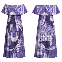 Utah State Polynesian Heritage Couples Matching Off Shoulder Maxi Dress and Long Sleeve Button Shirt Floral Tribal Pattern Tropical Flowers