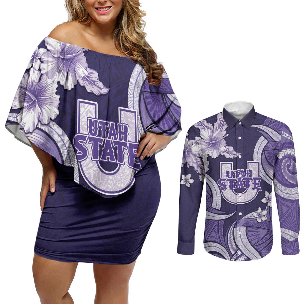 Utah State Polynesian Heritage Couples Matching Off Shoulder Short Dress and Long Sleeve Button Shirt Floral Tribal Pattern Tropical Flowers