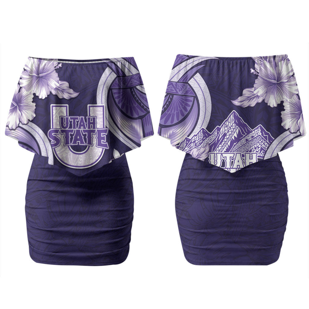 Utah State Polynesian Heritage Couples Matching Off Shoulder Short Dress and Long Sleeve Button Shirt Floral Tribal Pattern Tropical Flowers
