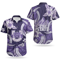 Utah State Polynesian Heritage Couples Matching Off The Shoulder Long Sleeve Dress and Hawaiian Shirt Floral Tribal Pattern Tropical Flowers