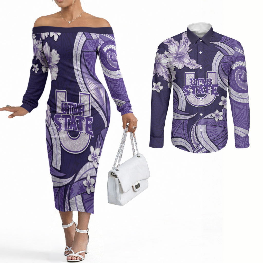 Utah State Polynesian Heritage Couples Matching Off The Shoulder Long Sleeve Dress and Long Sleeve Button Shirt Floral Tribal Pattern Tropical Flowers