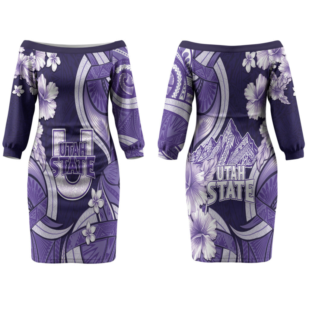 Utah State Polynesian Heritage Couples Matching Off The Shoulder Long Sleeve Dress and Long Sleeve Button Shirt Floral Tribal Pattern Tropical Flowers