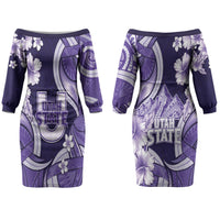 Utah State Polynesian Heritage Couples Matching Off The Shoulder Long Sleeve Dress and Long Sleeve Button Shirt Floral Tribal Pattern Tropical Flowers