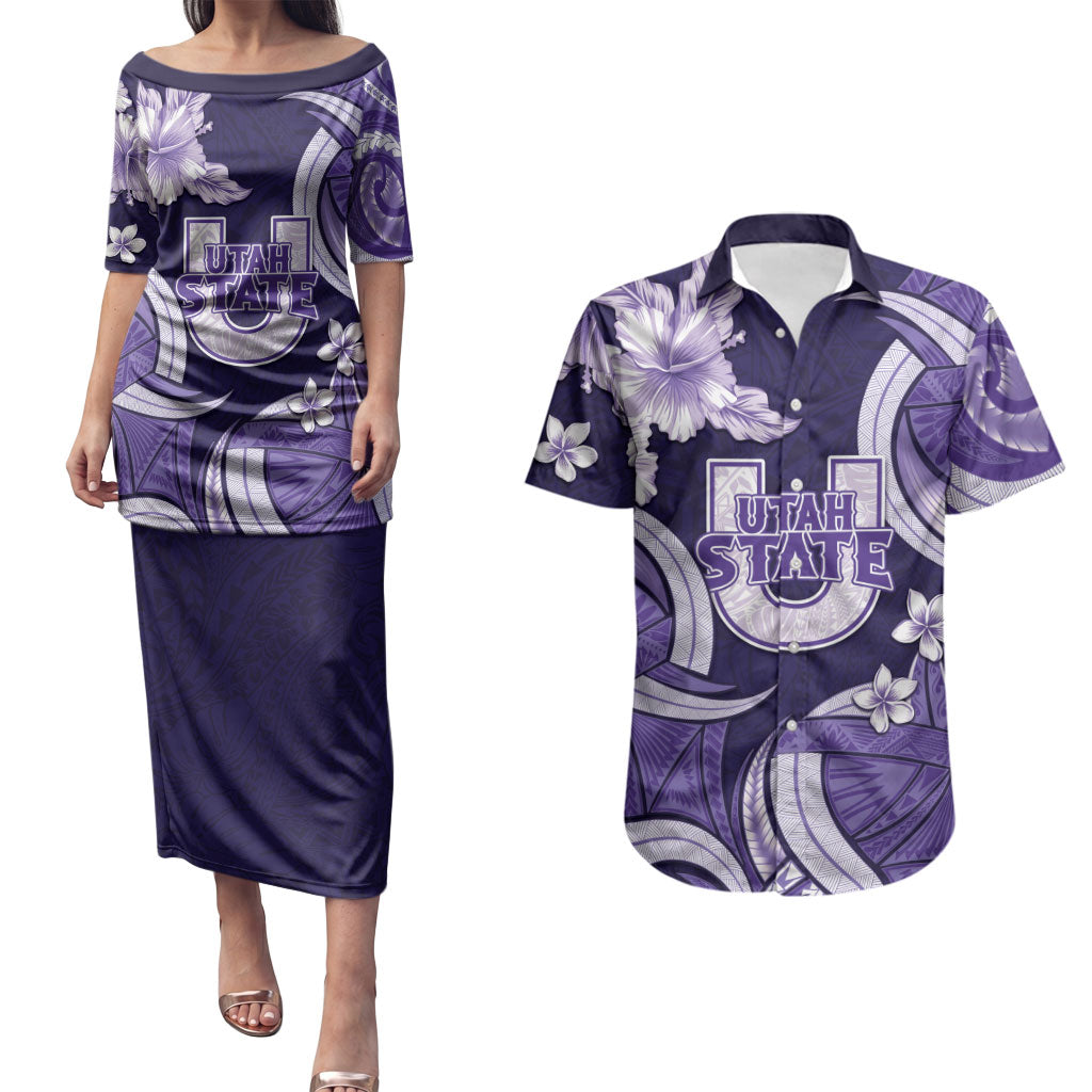 Utah State Polynesian Heritage Couples Matching Puletasi and Hawaiian Shirt Floral Tribal Pattern Tropical Flowers