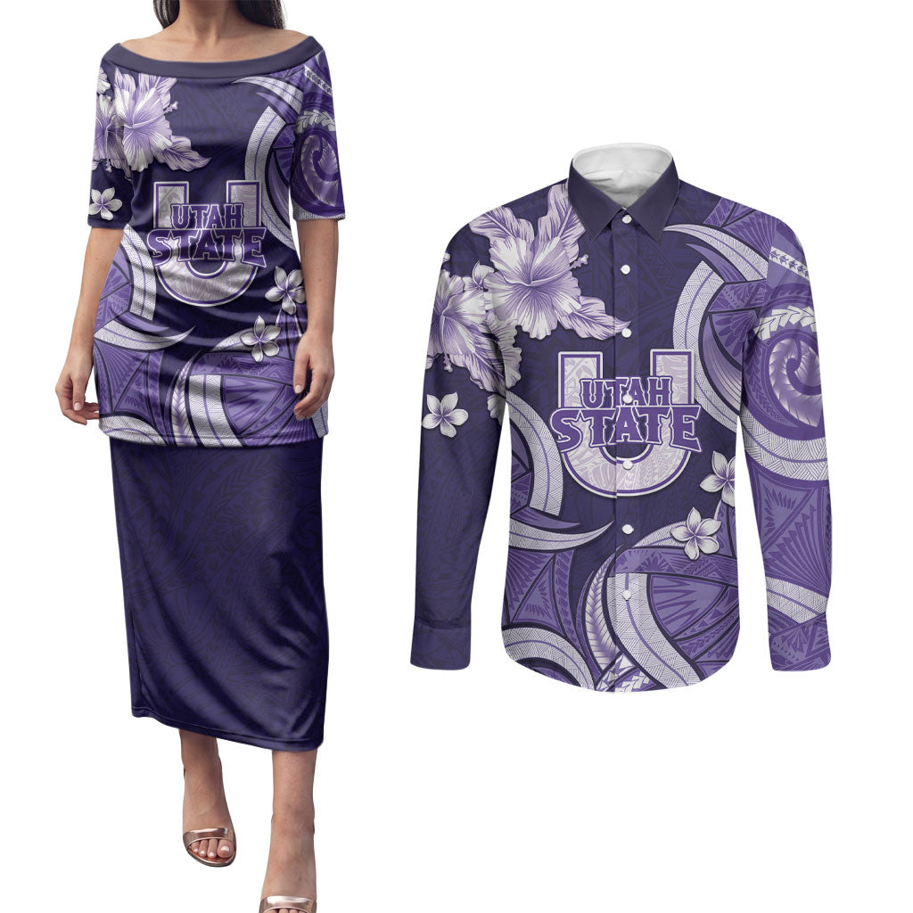 Utah State Polynesian Heritage Couples Matching Puletasi and Long Sleeve Button Shirt Floral Tribal Pattern Tropical Flowers
