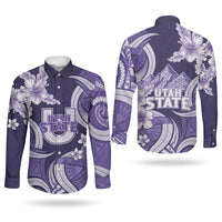Utah State Polynesian Heritage Couples Matching Puletasi and Long Sleeve Button Shirt Floral Tribal Pattern Tropical Flowers