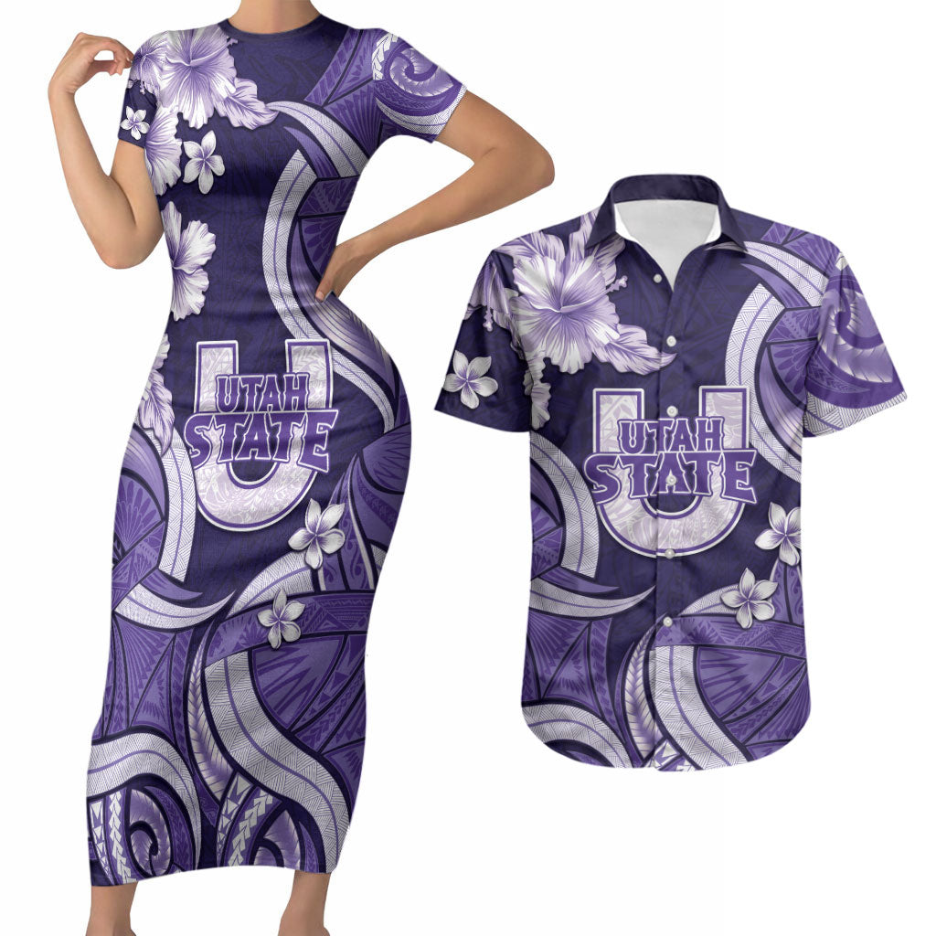 Utah State Polynesian Heritage Couples Matching Short Sleeve Bodycon Dress and Hawaiian Shirt Floral Tribal Pattern Tropical Flowers