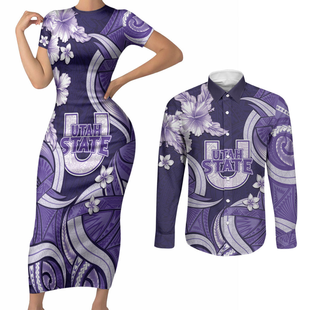 Utah State Polynesian Heritage Couples Matching Short Sleeve Bodycon Dress and Long Sleeve Button Shirt Floral Tribal Pattern Tropical Flowers