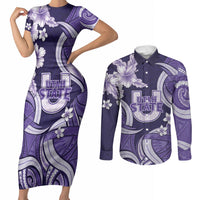 Utah State Polynesian Heritage Couples Matching Short Sleeve Bodycon Dress and Long Sleeve Button Shirt Floral Tribal Pattern Tropical Flowers