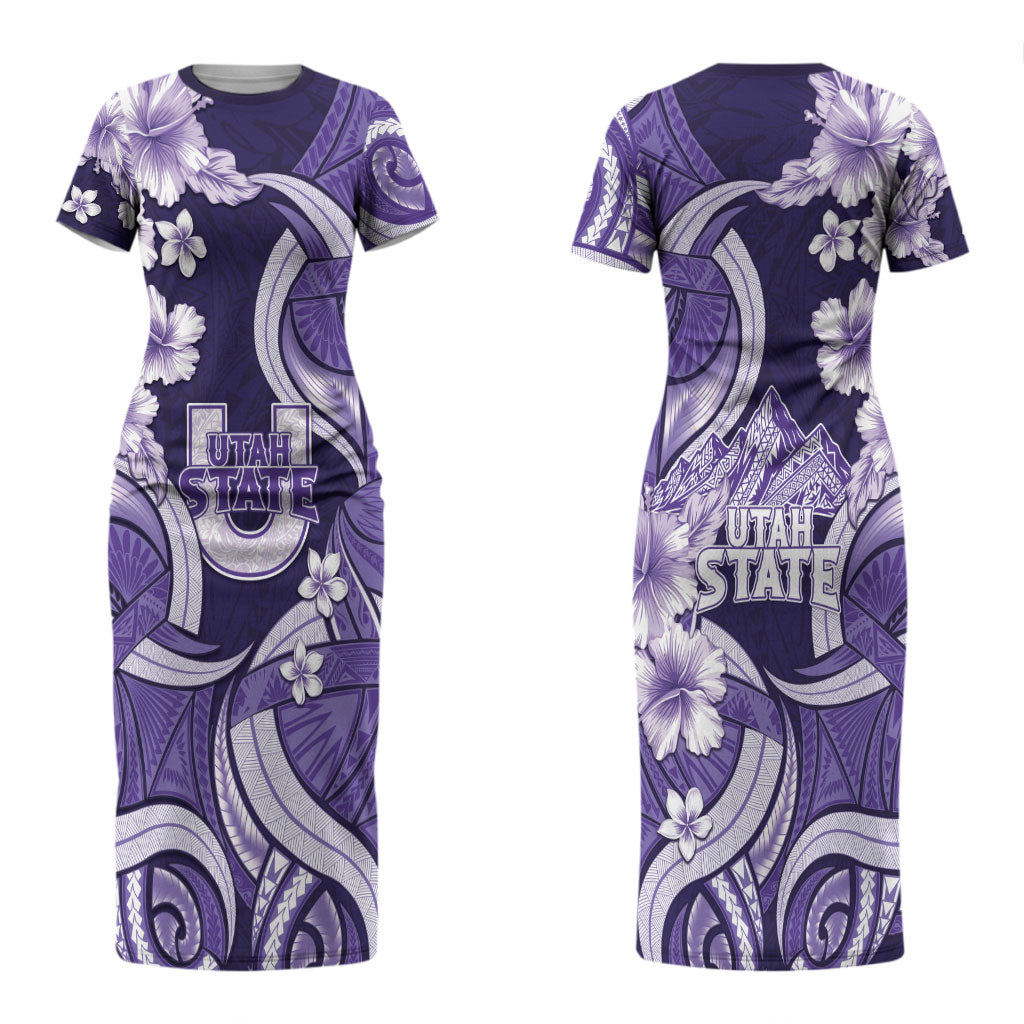 Utah State Polynesian Heritage Couples Matching Short Sleeve Bodycon Dress and Long Sleeve Button Shirt Floral Tribal Pattern Tropical Flowers