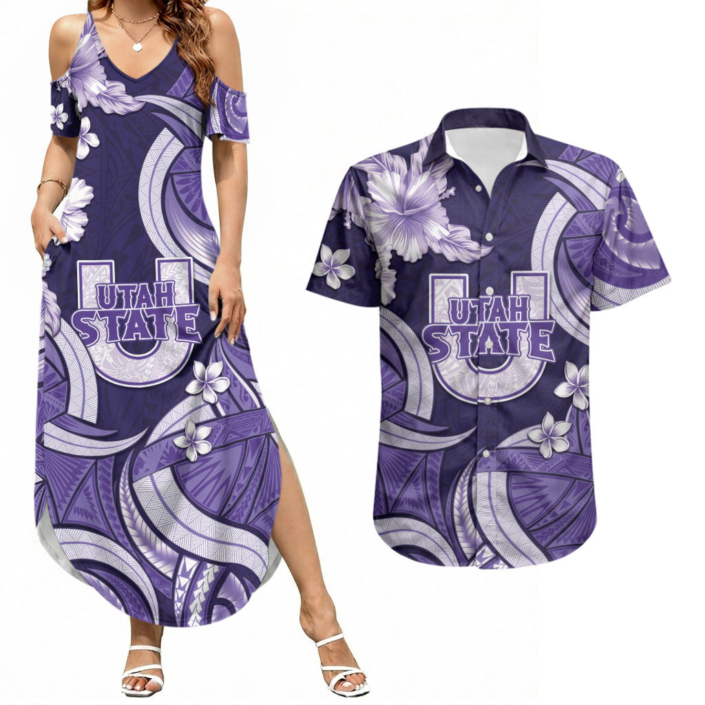 Utah State Polynesian Heritage Couples Matching Summer Maxi Dress and Hawaiian Shirt Floral Tribal Pattern Tropical Flowers