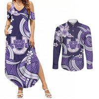 Utah State Polynesian Heritage Couples Matching Summer Maxi Dress and Long Sleeve Button Shirt Floral Tribal Pattern Tropical Flowers