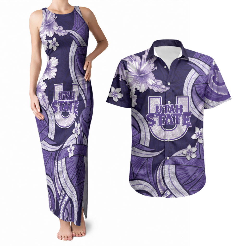 Utah State Polynesian Heritage Couples Matching Tank Maxi Dress and Hawaiian Shirt Floral Tribal Pattern Tropical Flowers