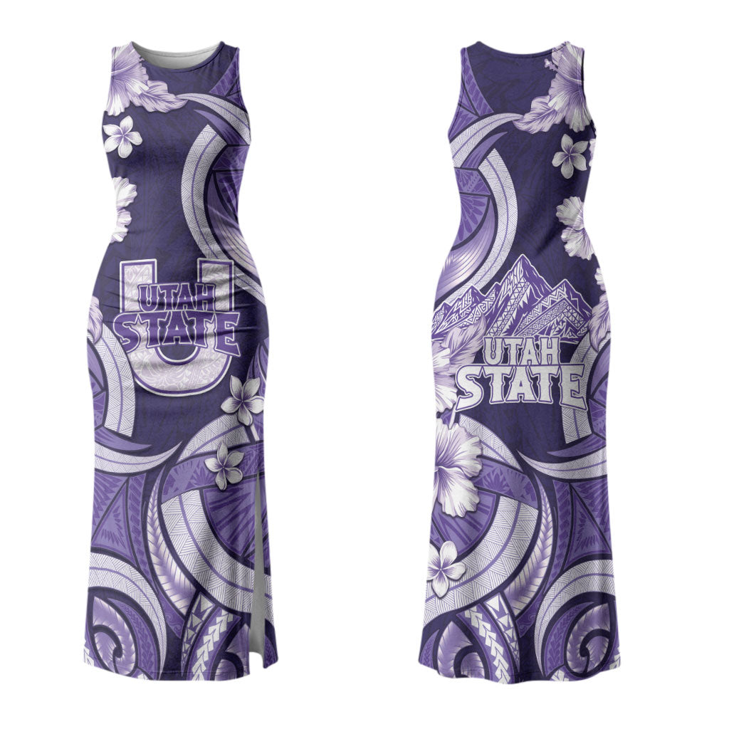 Utah State Polynesian Heritage Couples Matching Tank Maxi Dress and Long Sleeve Button Shirt Floral Tribal Pattern Tropical Flowers
