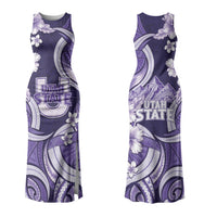 Utah State Polynesian Heritage Couples Matching Tank Maxi Dress and Long Sleeve Button Shirt Floral Tribal Pattern Tropical Flowers